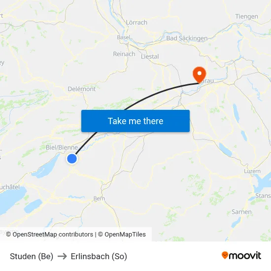 Studen (Be) to Erlinsbach (So) map