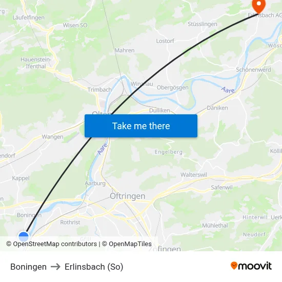 Boningen to Erlinsbach (So) map