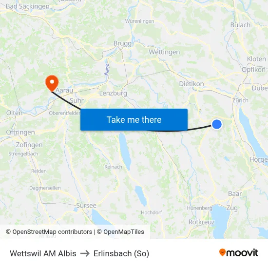Wettswil AM Albis to Erlinsbach (So) map