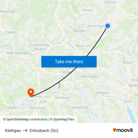 Klettgau to Erlinsbach (So) map