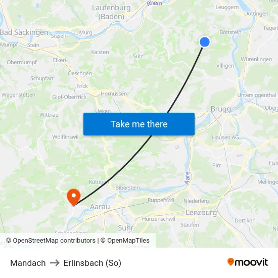 Mandach to Erlinsbach (So) map