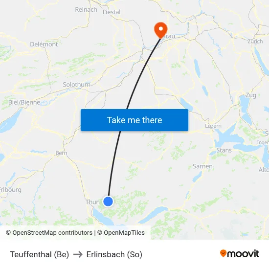 Teuffenthal (Be) to Erlinsbach (So) map