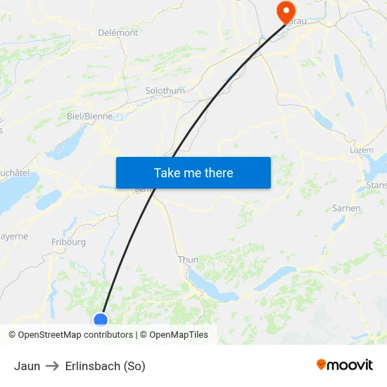 Jaun to Erlinsbach (So) map