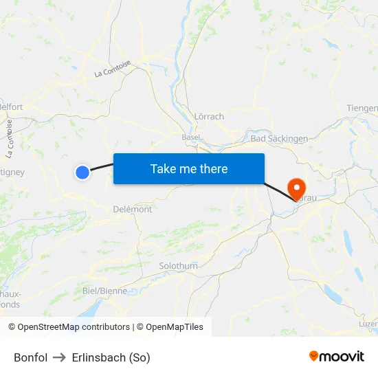 Bonfol to Erlinsbach (So) map