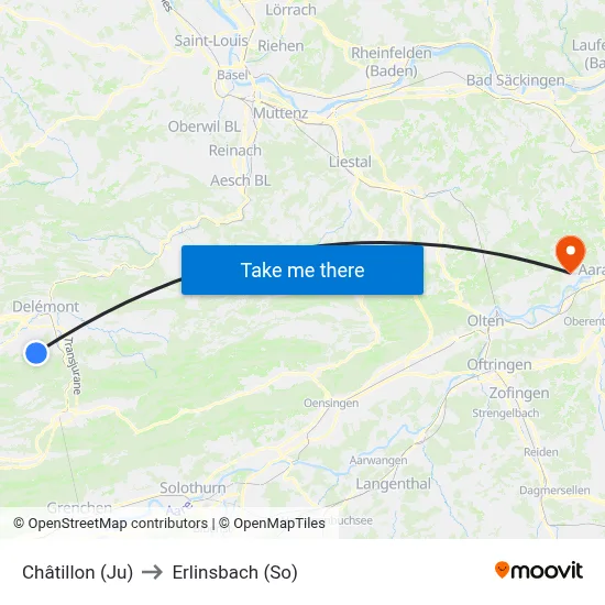 Châtillon (Ju) to Erlinsbach (So) map