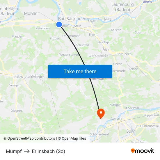 Mumpf to Erlinsbach (So) map