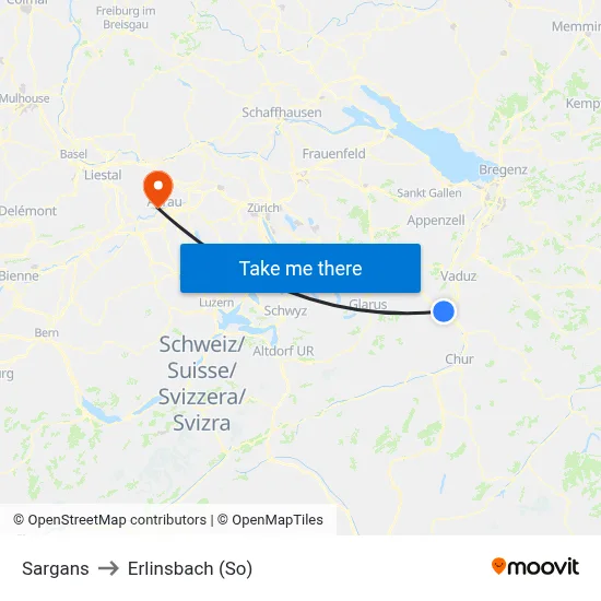 Sargans to Erlinsbach (So) map