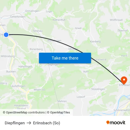 Diepflingen to Erlinsbach (So) map