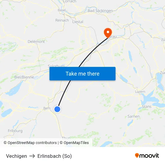 Vechigen to Erlinsbach (So) map