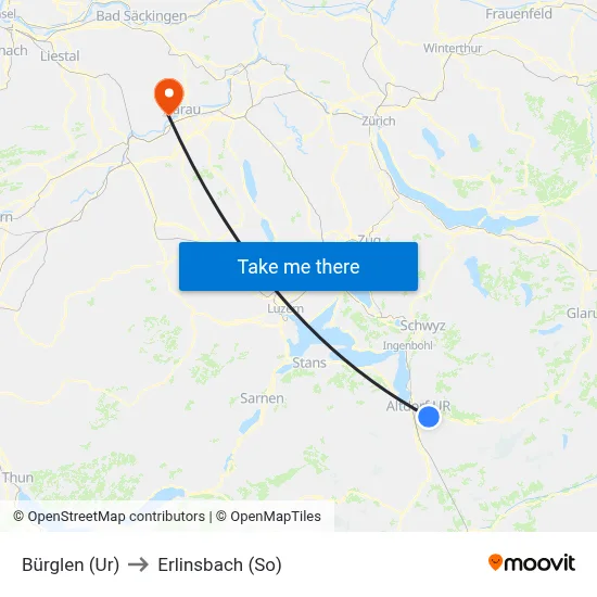 Bürglen (Ur) to Erlinsbach (So) map