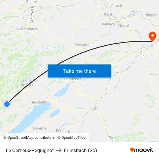 Le Cerneux-Péquignot to Erlinsbach (So) map