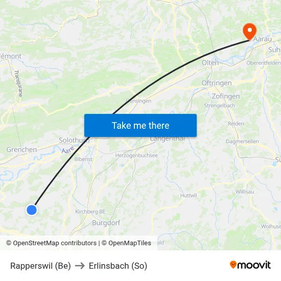 Rapperswil (Be) to Erlinsbach (So) map