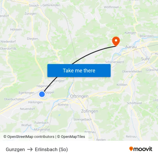 Gunzgen to Erlinsbach (So) map