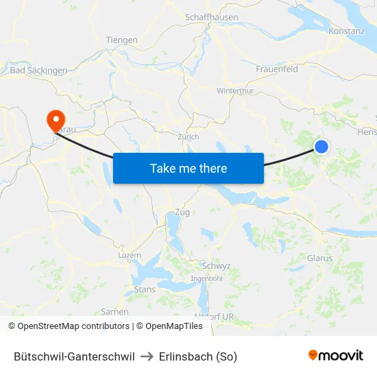 Bütschwil-Ganterschwil to Erlinsbach (So) map