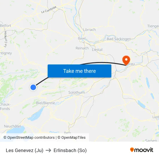 Les Genevez (Ju) to Erlinsbach (So) map