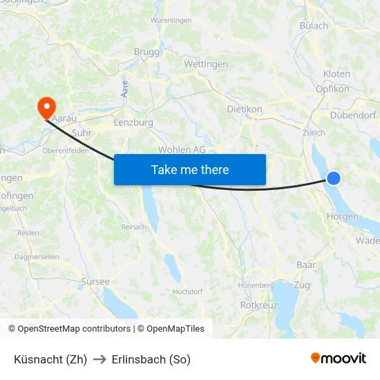 Küsnacht (Zh) to Erlinsbach (So) map