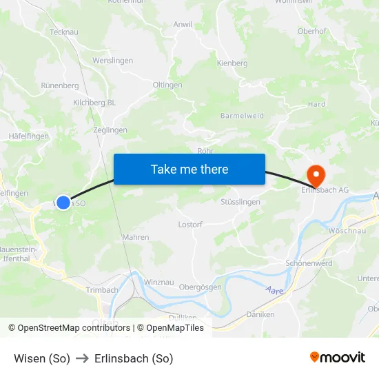 Wisen (So) to Erlinsbach (So) map