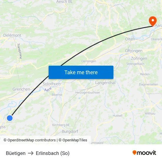 Büetigen to Erlinsbach (So) map