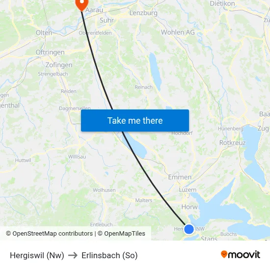 Hergiswil (Nw) to Erlinsbach (So) map