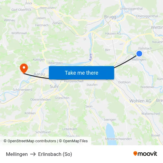 Mellingen to Erlinsbach (So) map