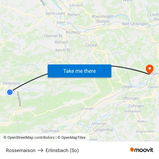 Rossemaison to Erlinsbach (So) map