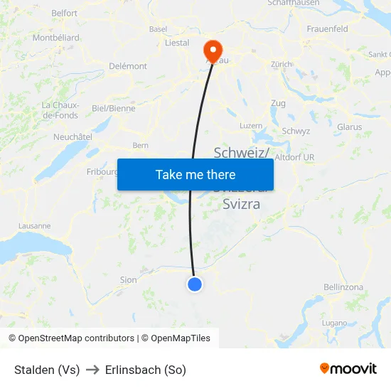 Stalden (Vs) to Erlinsbach (So) map