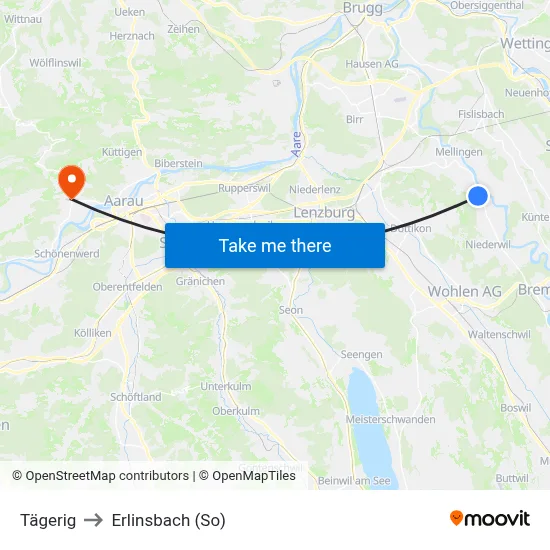 Tägerig to Erlinsbach (So) map