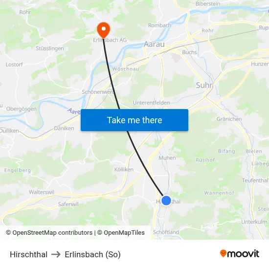 Hirschthal to Erlinsbach (So) map