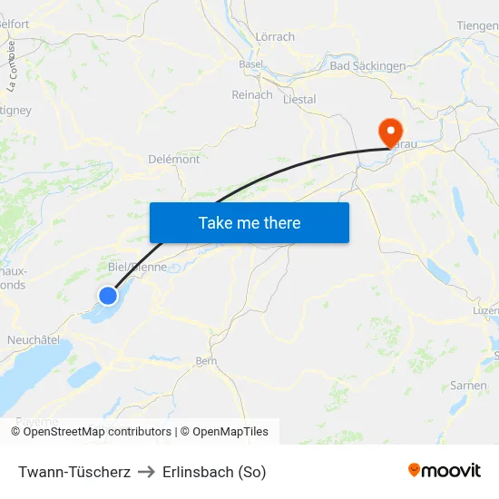 Twann-Tüscherz to Erlinsbach (So) map