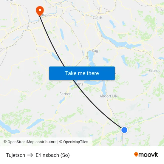 Tujetsch to Erlinsbach (So) map