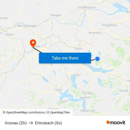 Gossau (Zh) to Erlinsbach (So) map