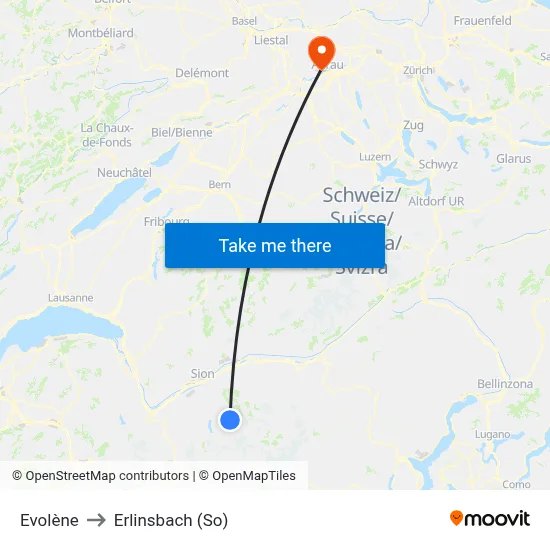 Evolène to Erlinsbach (So) map