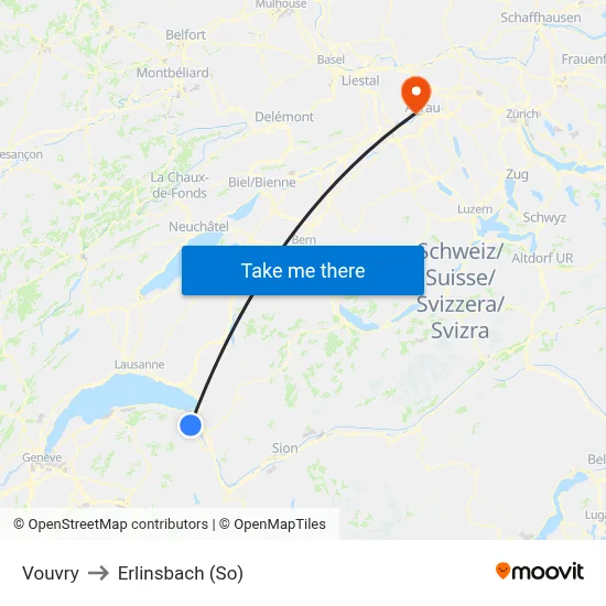 Vouvry to Erlinsbach (So) map