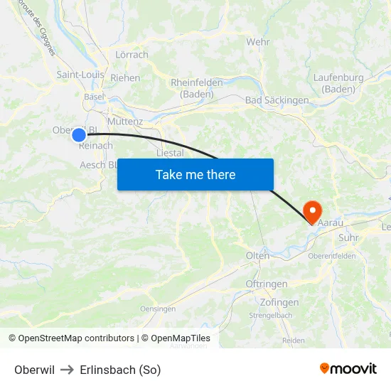 Oberwil to Erlinsbach (So) map