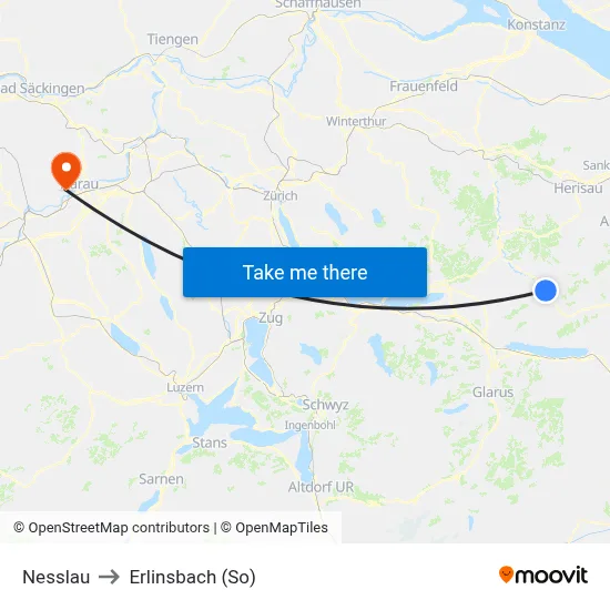 Nesslau to Erlinsbach (So) map
