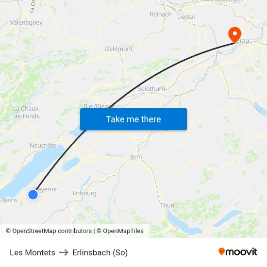 Les Montets to Erlinsbach (So) map