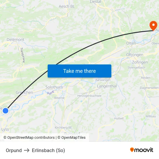 Orpund to Erlinsbach (So) map