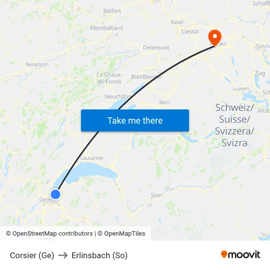 Corsier (Ge) to Erlinsbach (So) map