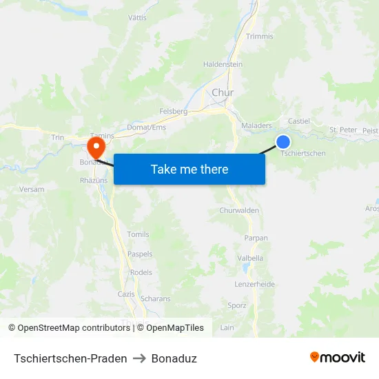 Tschiertschen-Praden to Bonaduz map