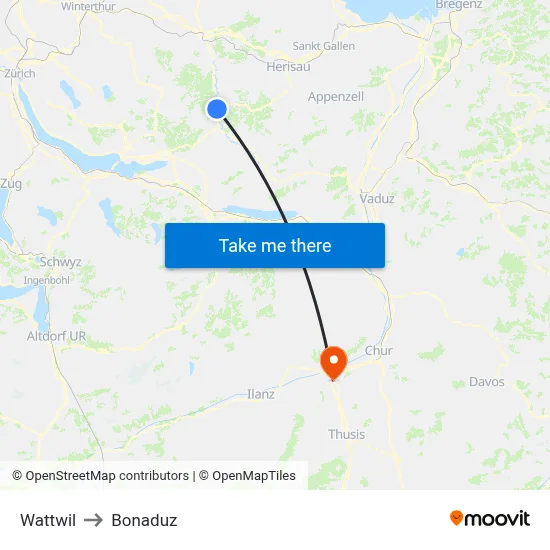 Wattwil to Bonaduz map