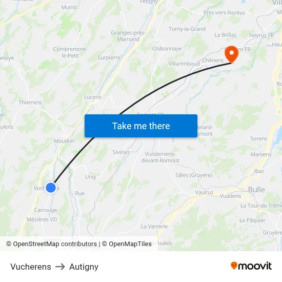 Vucherens to Autigny map