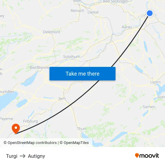 Turgi to Autigny map