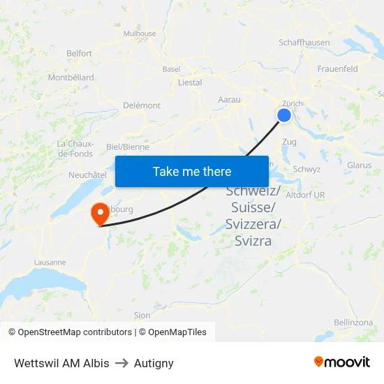 Wettswil AM Albis to Autigny map