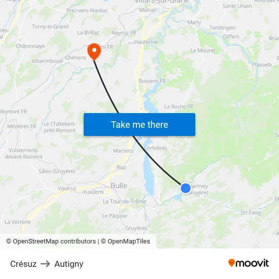 Crésuz to Autigny map