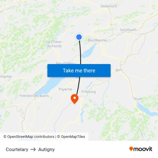 Courtelary to Autigny map
