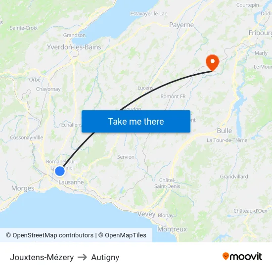 Jouxtens-Mézery to Autigny map