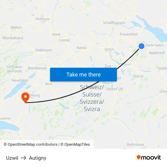Uzwil to Autigny map