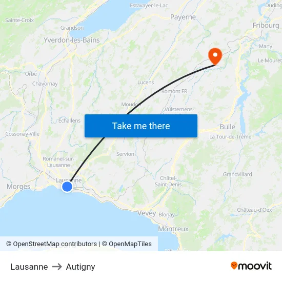 Lausanne to Autigny map