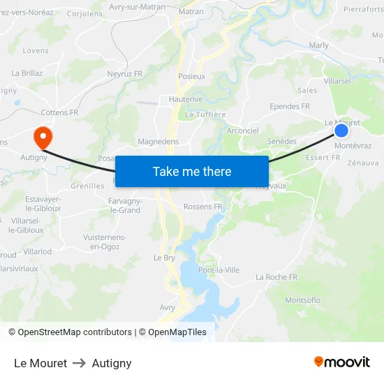 Le Mouret to Autigny map