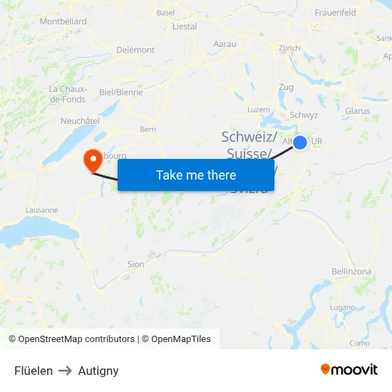 Flüelen to Autigny map